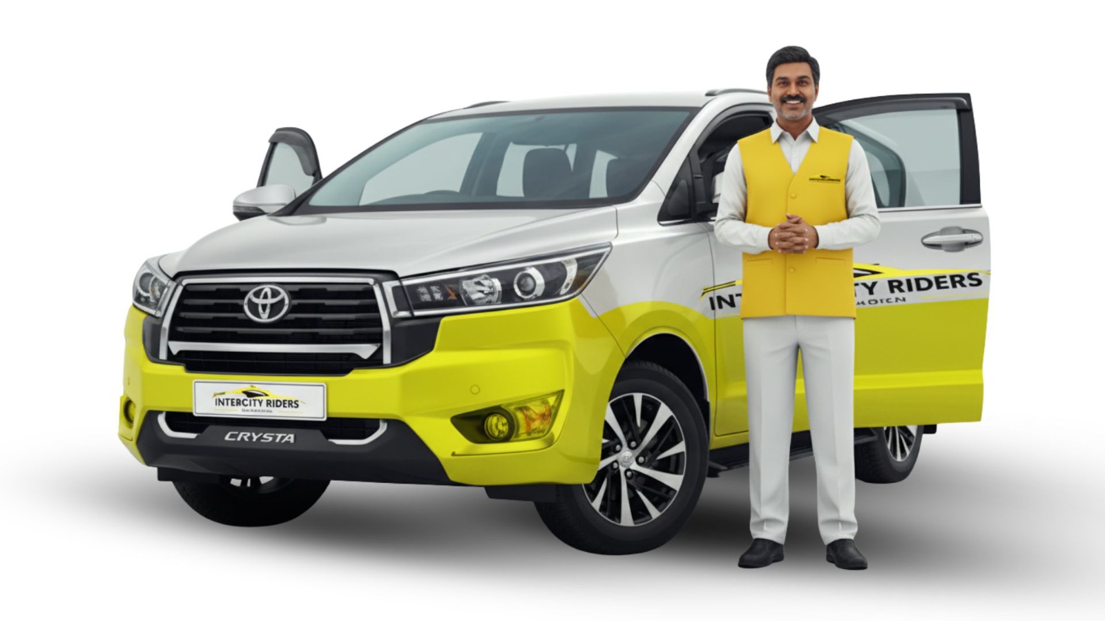 Intercity Riders driver beside a branded Innova Crysta